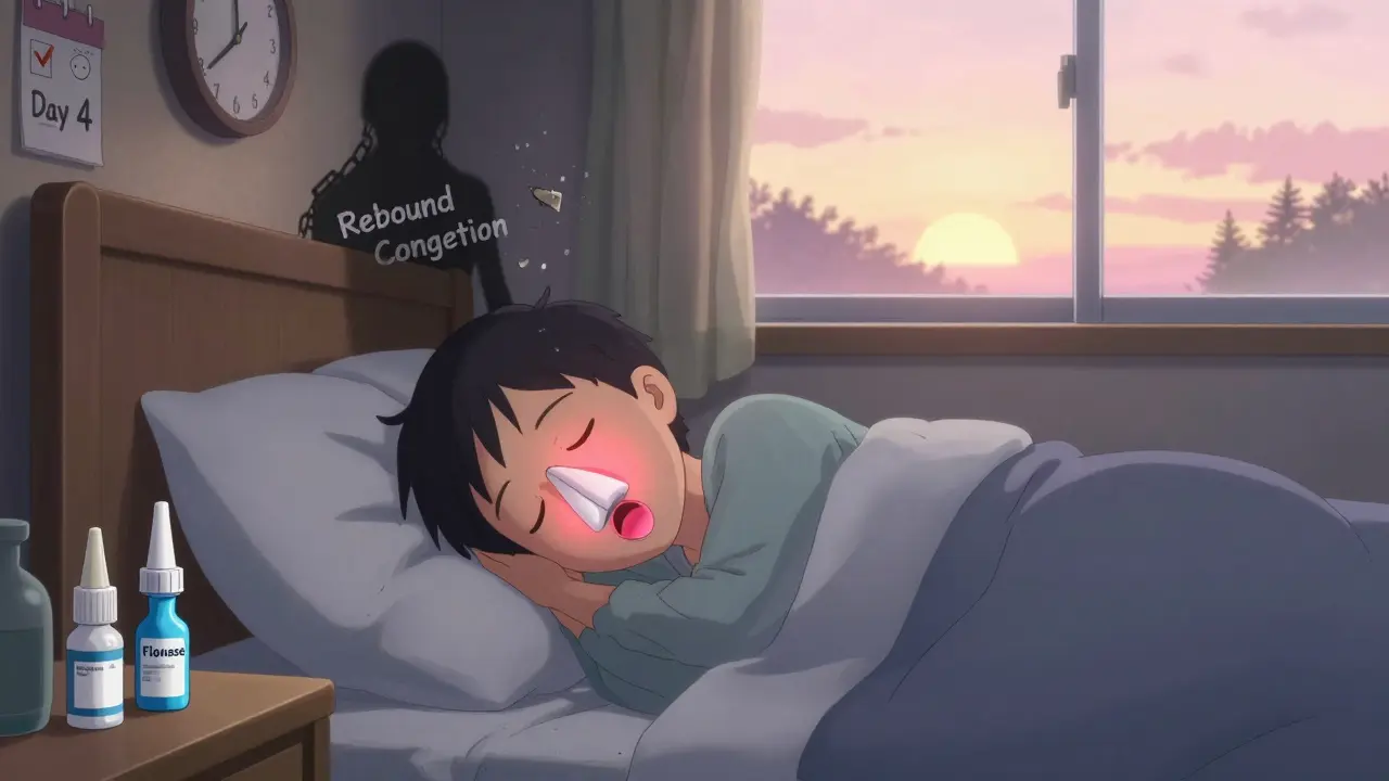 Person sleeping peacefully with saline and steroid spray nearby, shadowy rebound figure dissolving at dawn.