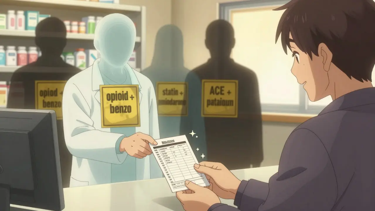 Pharmacist giving medication bag, ghostly dangerous drug combos as shadows behind them, patient holds safety list.