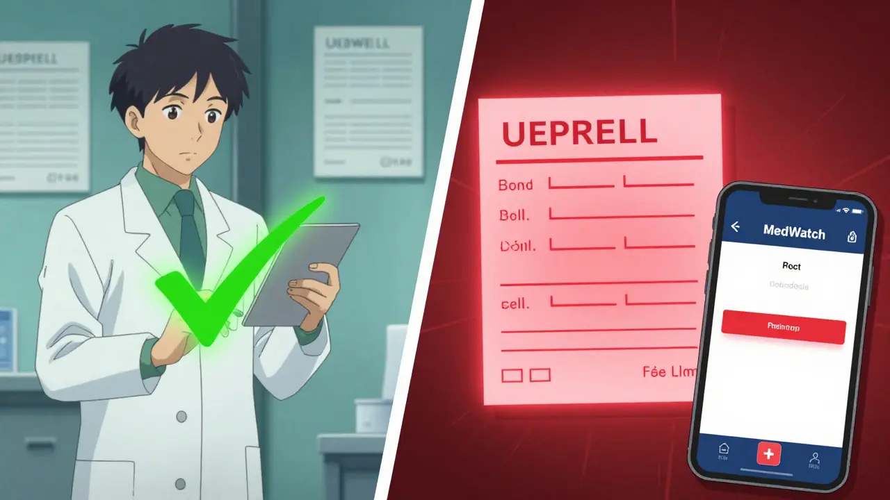 Pharmacist viewing a prescription with a recall alert overlay on a smartphone screen.