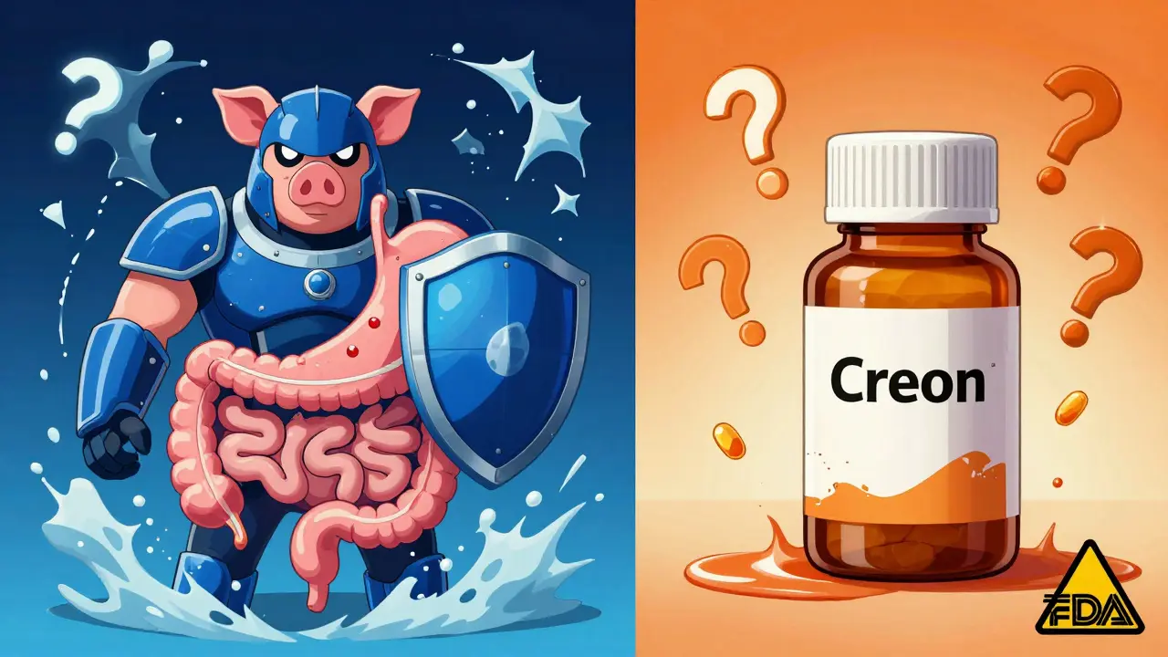 Side-by-side: prescription enzyme capsule defeating stomach acid vs. OTC supplement failing in acid