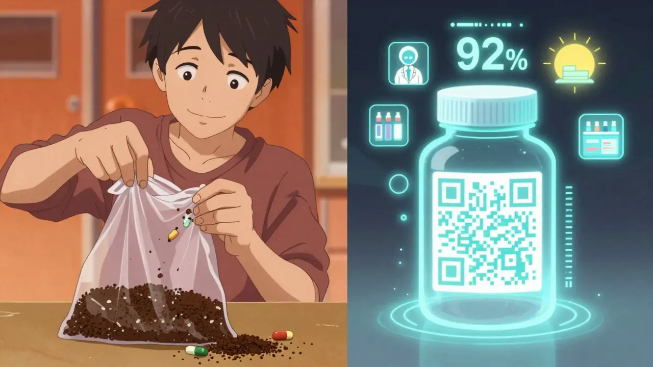 Someone disposing of expired pills in trash mixed with coffee grounds, while a smart pill bottle glows with a potency meter.