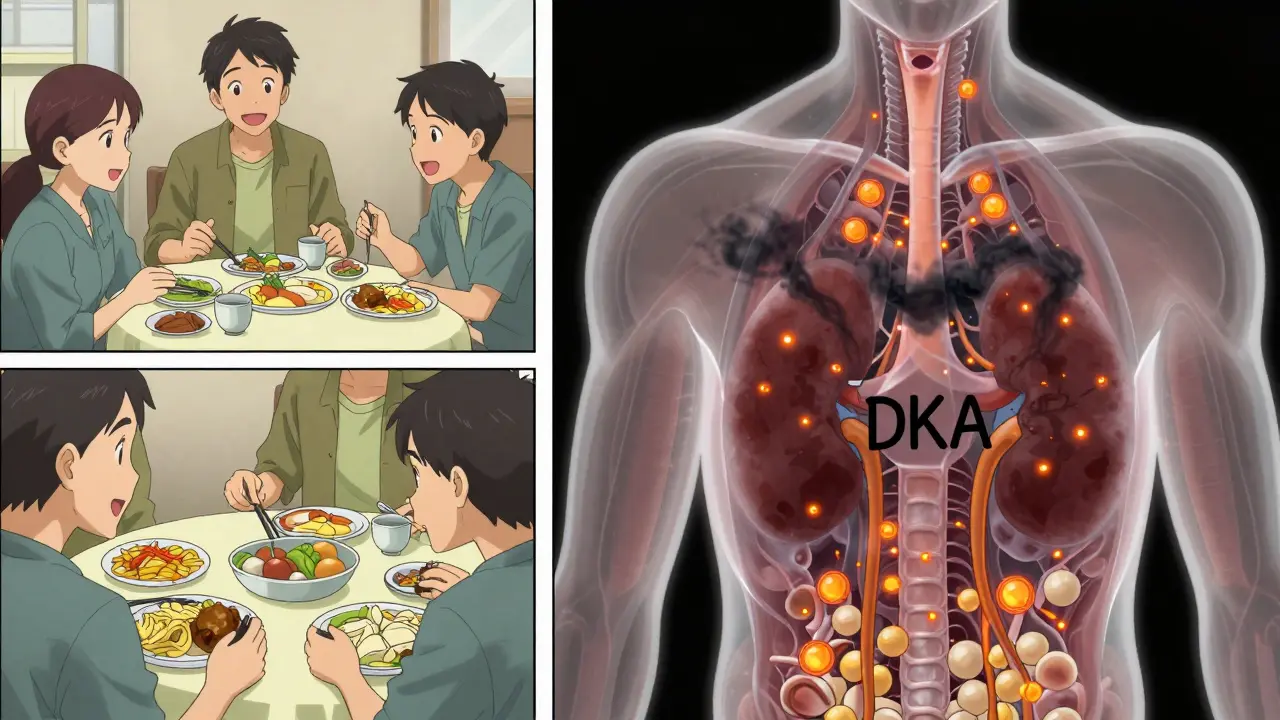 Split image of patient eating while internal body shows ketone buildup.