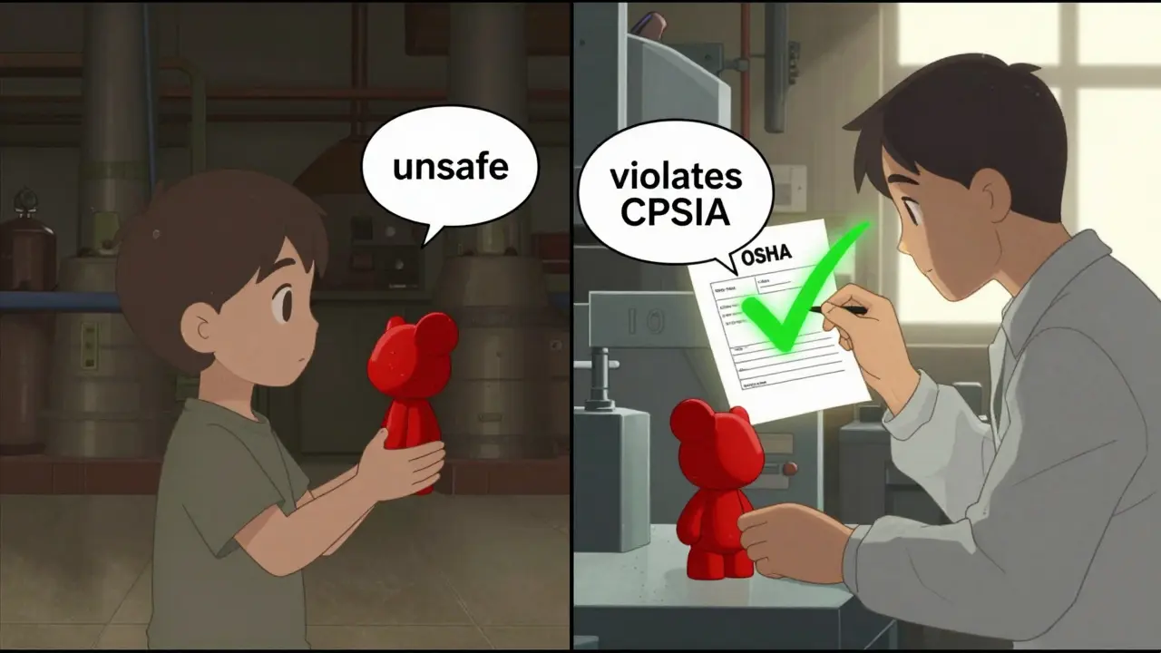 Split scene: child with unsafe toy and worker reporting it, symbolizing protection.