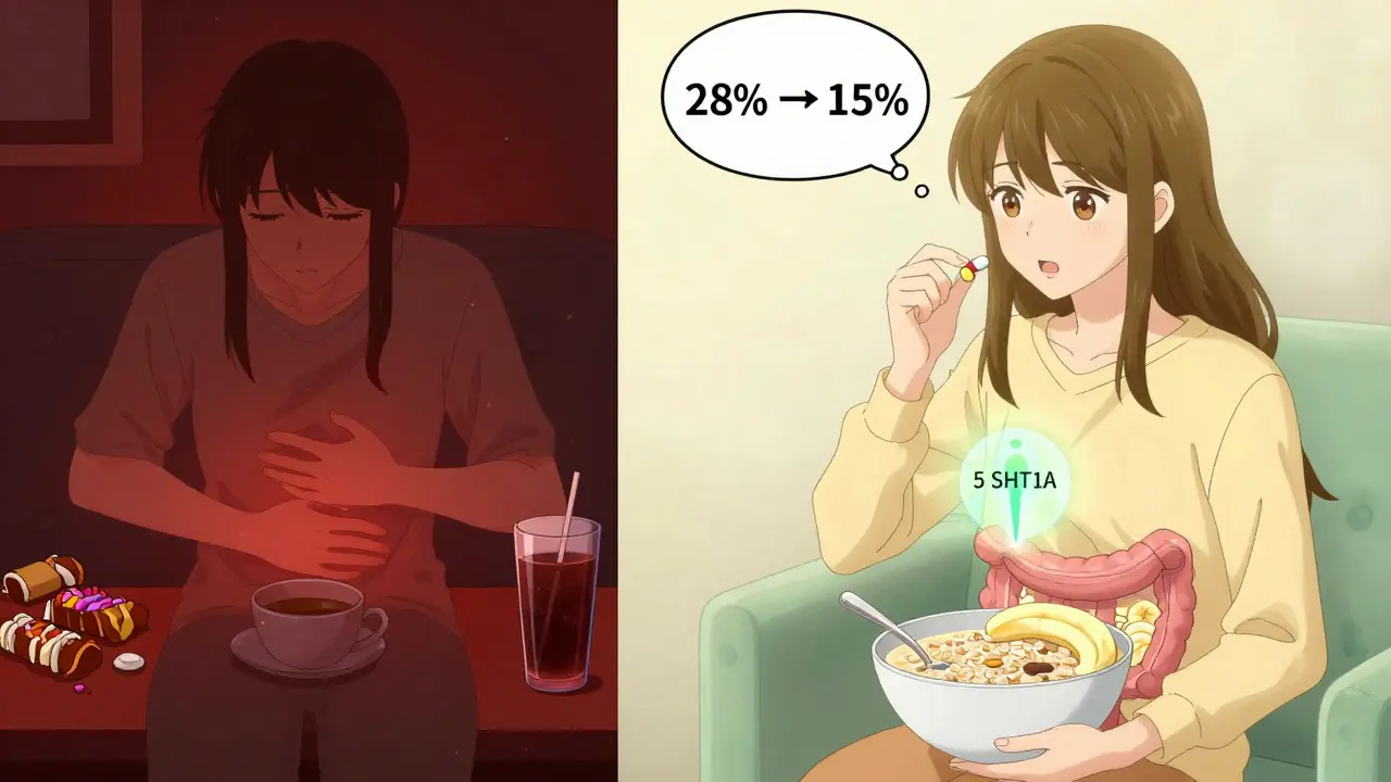 Split scene: unhealthy foods vs. healthy choices affecting vilazodone side effects.