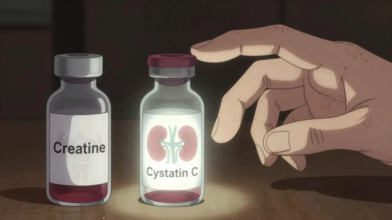 Two blood vials side by side: creatinine fading, cystatin C glowing with kidney silhouette.