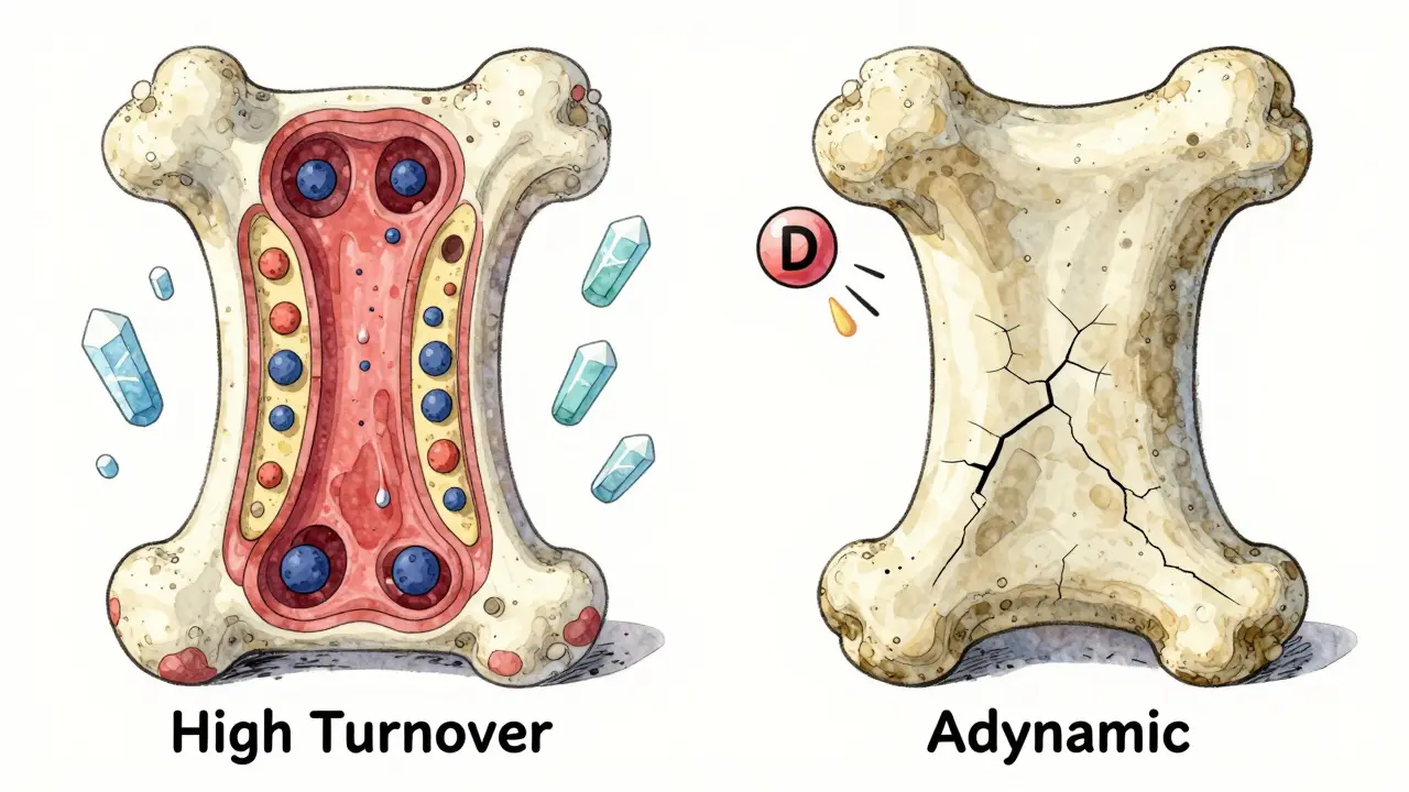 Two contrasting bone types — one crumbling from overactivity, the other brittle from underactivity — with phosphate crystals and fading vitamin D.