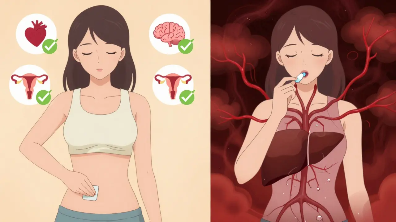 Two women side by side: one using a patch with green health icons, the other taking pills with warning clouds.