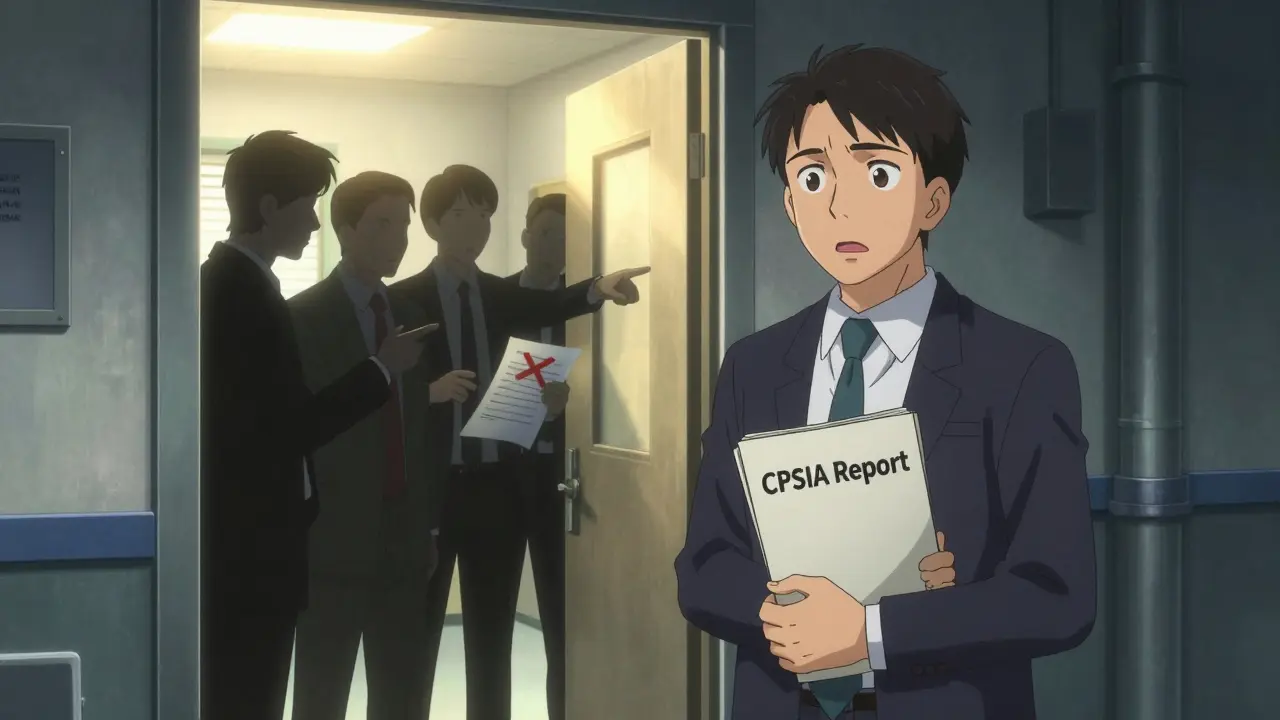 Whistleblower approaching OSHA office while shadowy figures watch from behind.