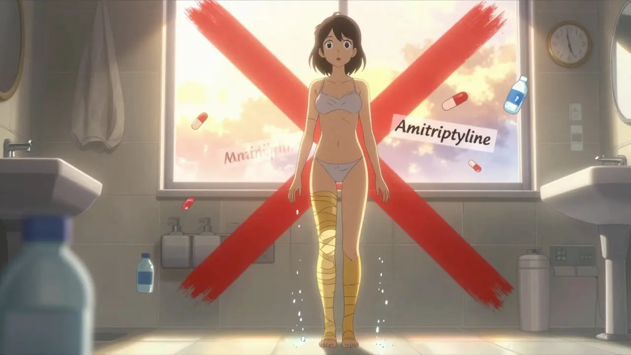 Woman standing in bathroom with compression socks and pills being crossed out, sunrise lighting in anime style.