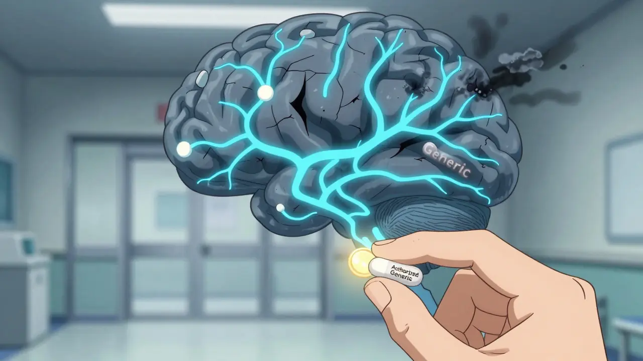 A brain landscape with flickering neural pathways, one pill glowing golden, another gray, as storm clouds gather.