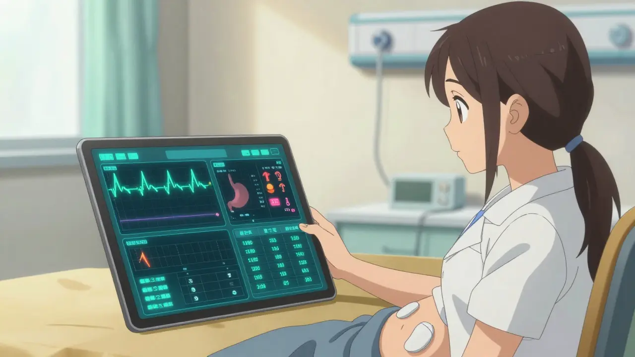 A doctor and patient reviewing digital health data on a tablet, showing ingestion and vital signs.