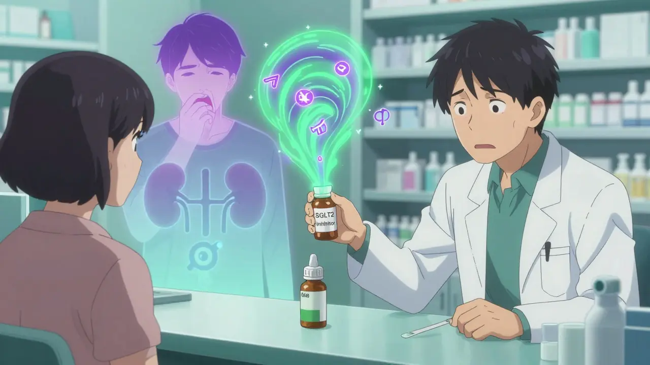 A patient receiving an SGLT2 inhibitor prescription while ketone symbols swirl above.