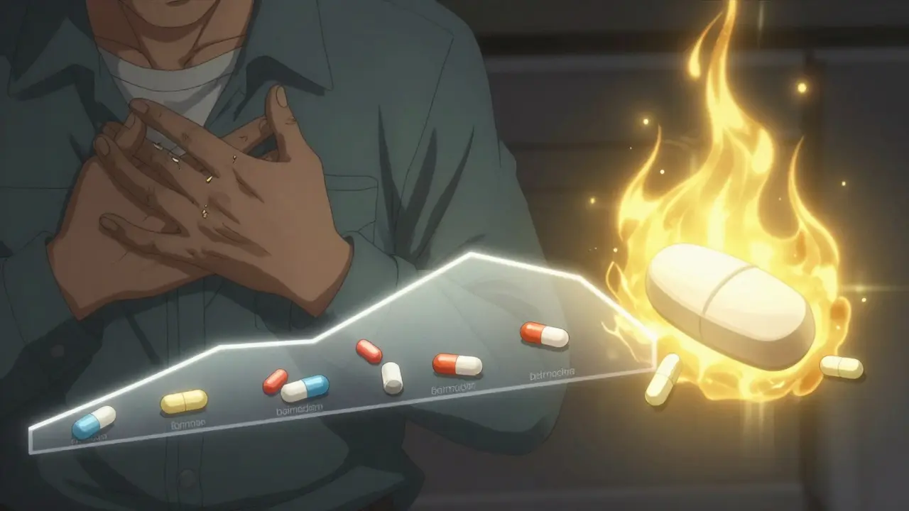 A person holding a crumbling expired nitroglycerin tablet while a fresh one glows with energy.