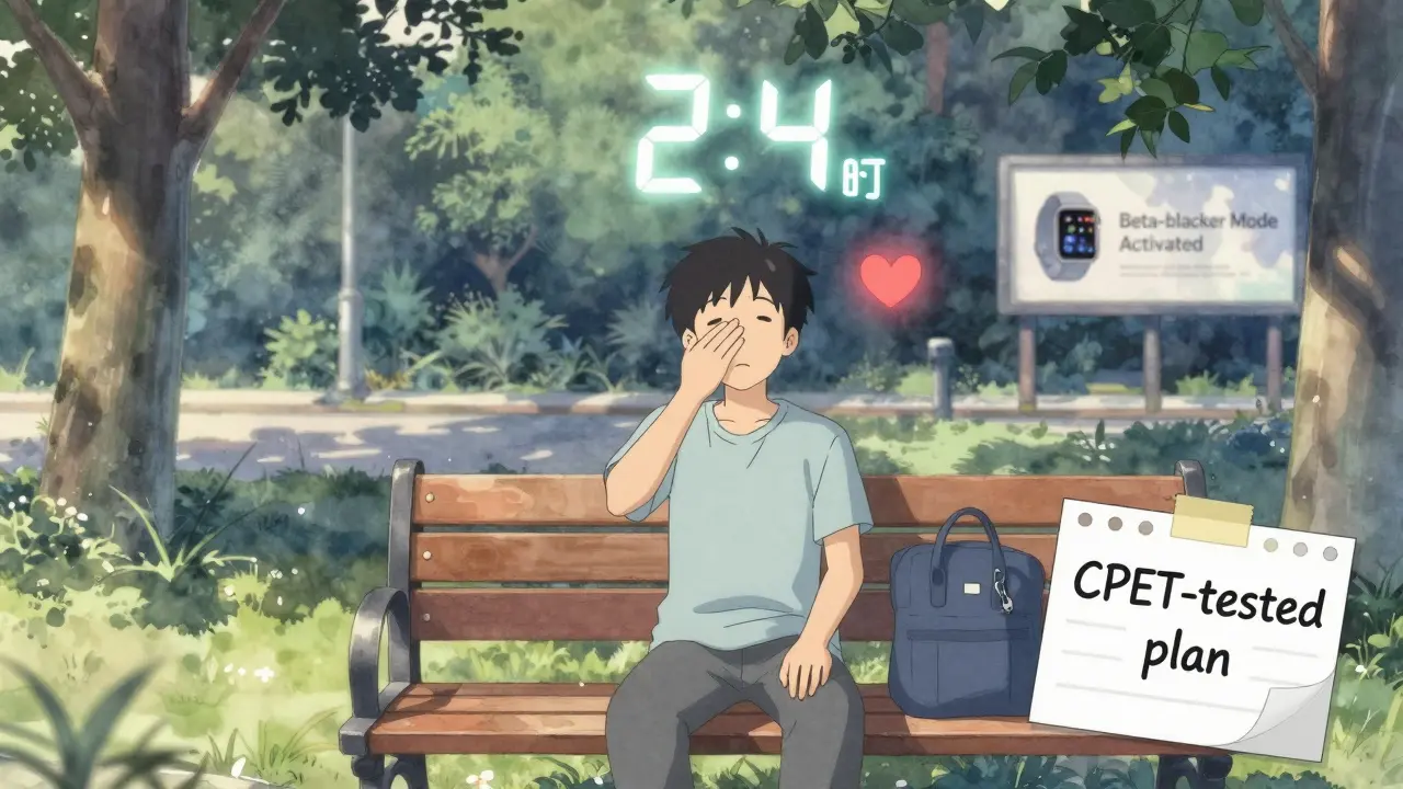 A person resting on a bench after walking, with a 2-minute timer glowing above them, symbolizing interval training.