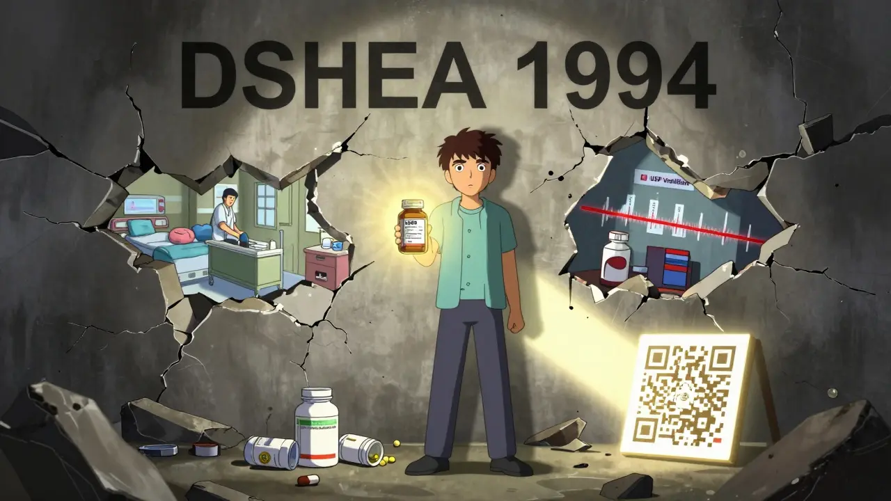 A person standing before a crumbling law wall, holding a verified supplement bottle as light shines through the chaos.