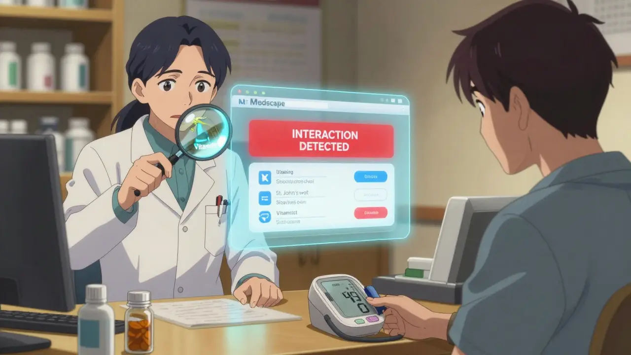 A pharmacist examining a supplement bottle with a magnifying glass as a patient watches a warning monitor nearby.