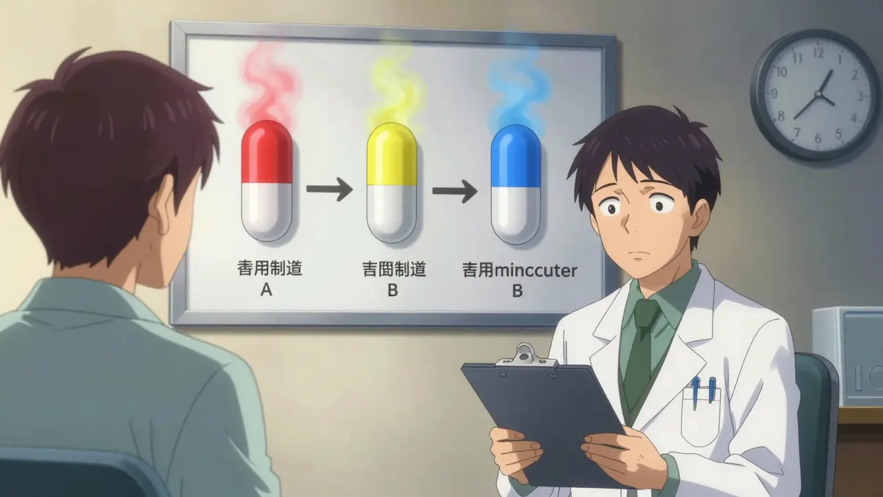 A psychiatrist and patient in a clinic, with animated capsules showing different absorption trails on a wall chart.