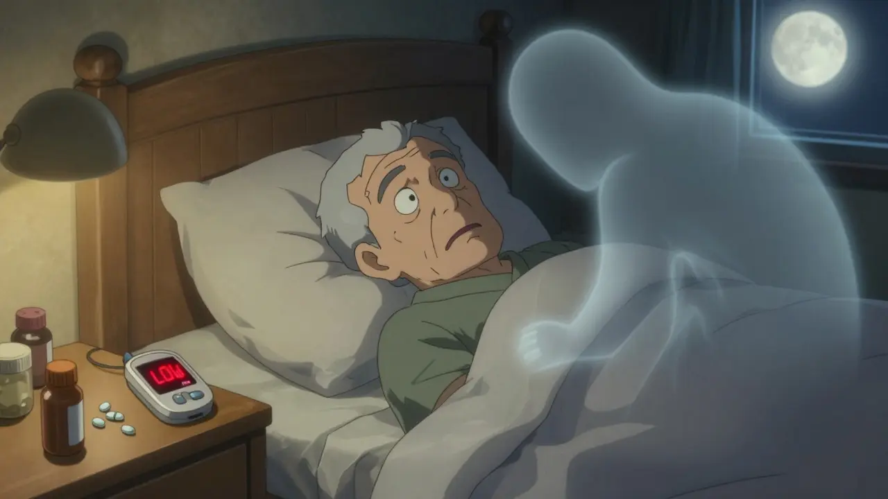 An elderly man startled awake at night by a low blood sugar alert on a monitor.