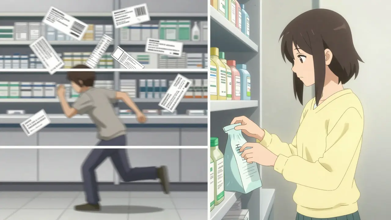 Contrasting chaotic multiple pharmacy visits versus calm single pickup.