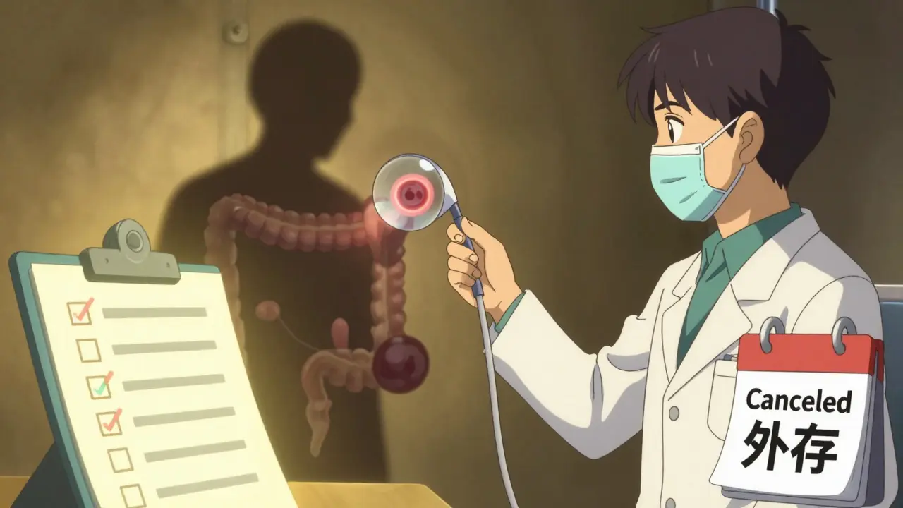 Doctor removing a polyp from a clean colon, with a completed prep checklist glowing.