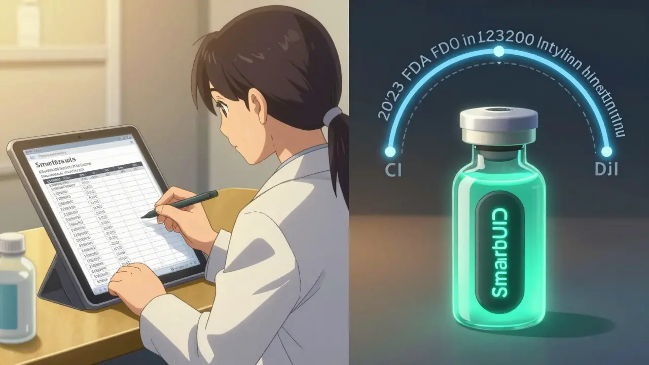 Pharmacist using a database and SmartBUD sensor to ensure accurate beyond-use dates.