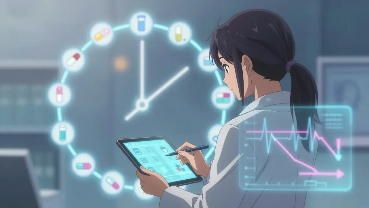 Pharmacist visualizing synchronized medication cycles with glowing connections.