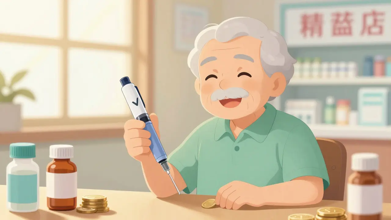 Senior holding insulin pen with checkmark, sunlight, small coins. Hopeful anime style.