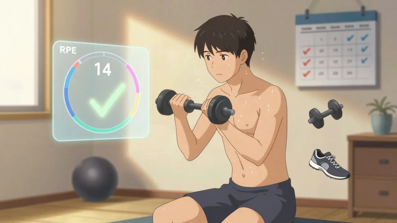 Someone lifting light weights in a home gym, with a Borg RPE scale showing level 14 floating nearby.