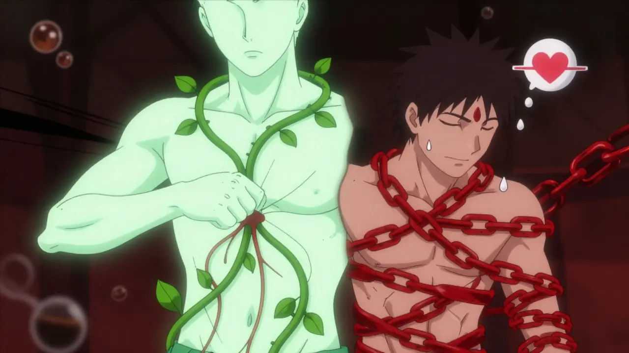 Split-body illustration showing green vines relaxing blood vessels and red chains constricting them in a person's torso.