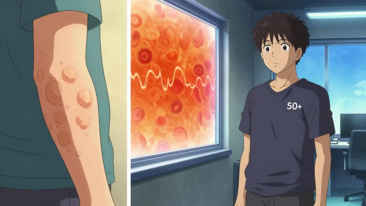 Split image: lupus flare under sun vs. protected under LED lighting.