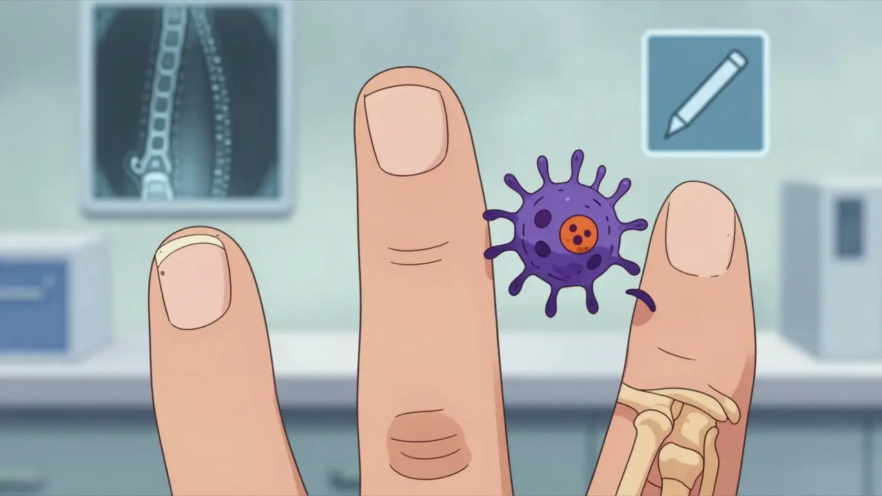 Three fingers showing nail pitting, dactylitis, and enthesitis with immune cells attacking the joint.