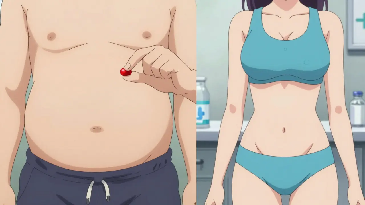 Two people showing contrasting medication effects on body size