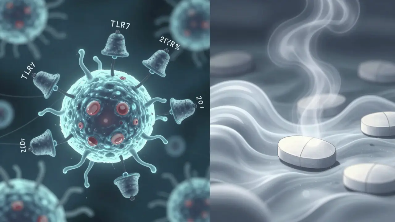 A glowing immune cell with alarm bells being calmed by silver waves from hydroxychloroquine tablets, symbolizing reduced inflammation.