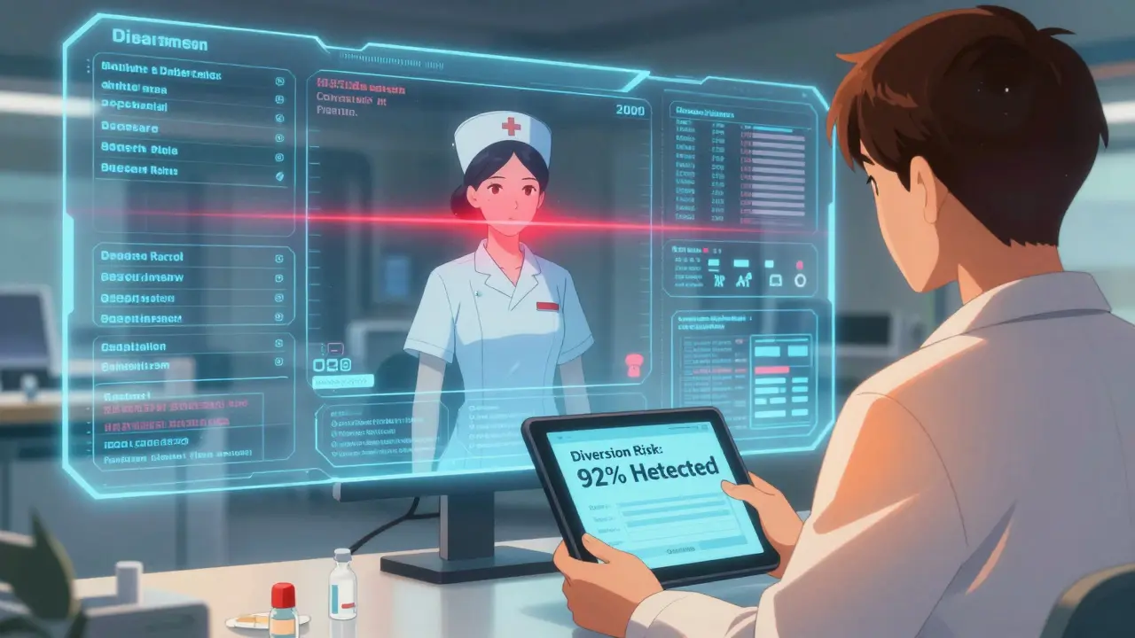 A holographic AI system detects a diversion anomaly, with a pharmacist reviewing real-time drug usage data on a tablet.