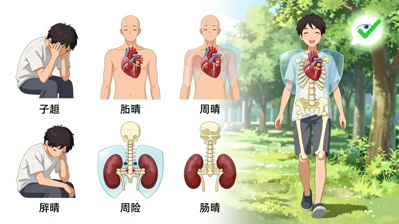 A patient’s transformation over six months, with protective shields around vital organs and a safe eye screening icon in the corner.