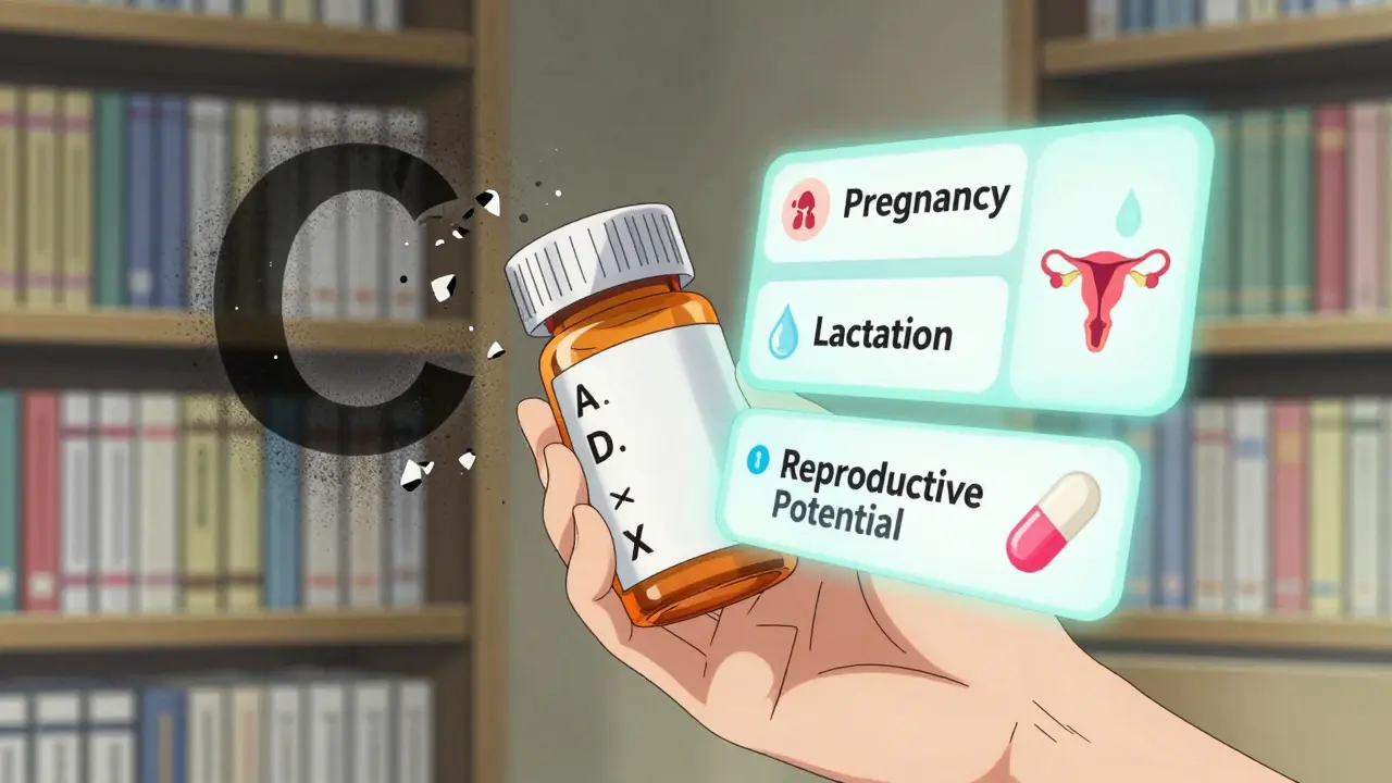 A prescription bottle transforming from an old safety letter into three animated PLLR sections with symbolic icons for pregnancy, lactation, and fertility.