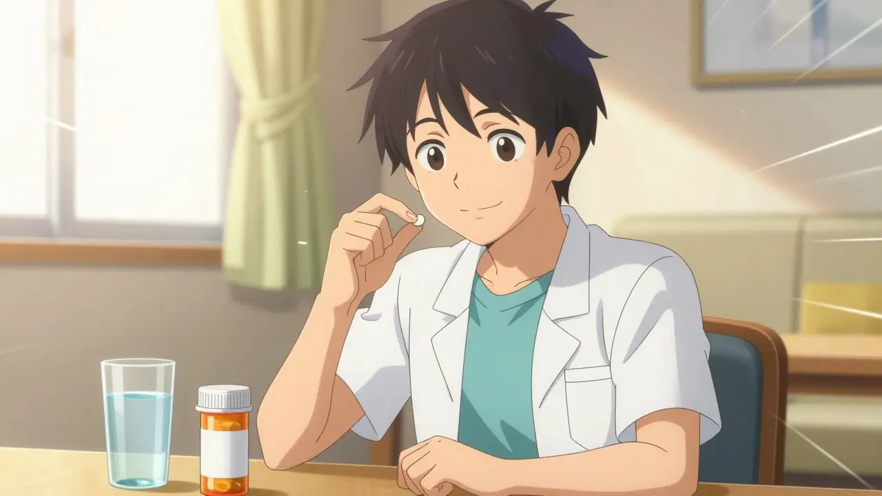 Confident individual taking medication with water in sunlit room.