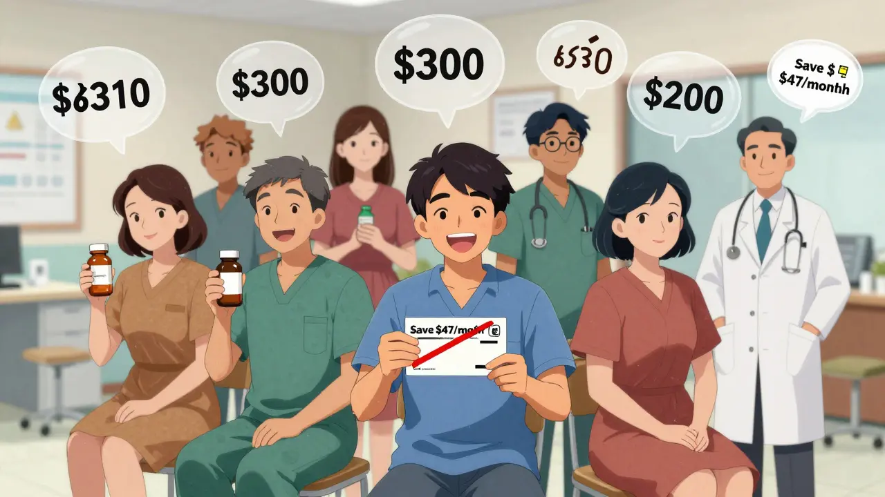 Diverse patients in clinic with thought bubbles showing cost savings and doctors approving switches.