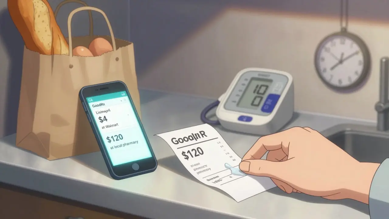 Hand placing pharmacy receipt next to groceries, smartphone showing much cheaper alternative price.