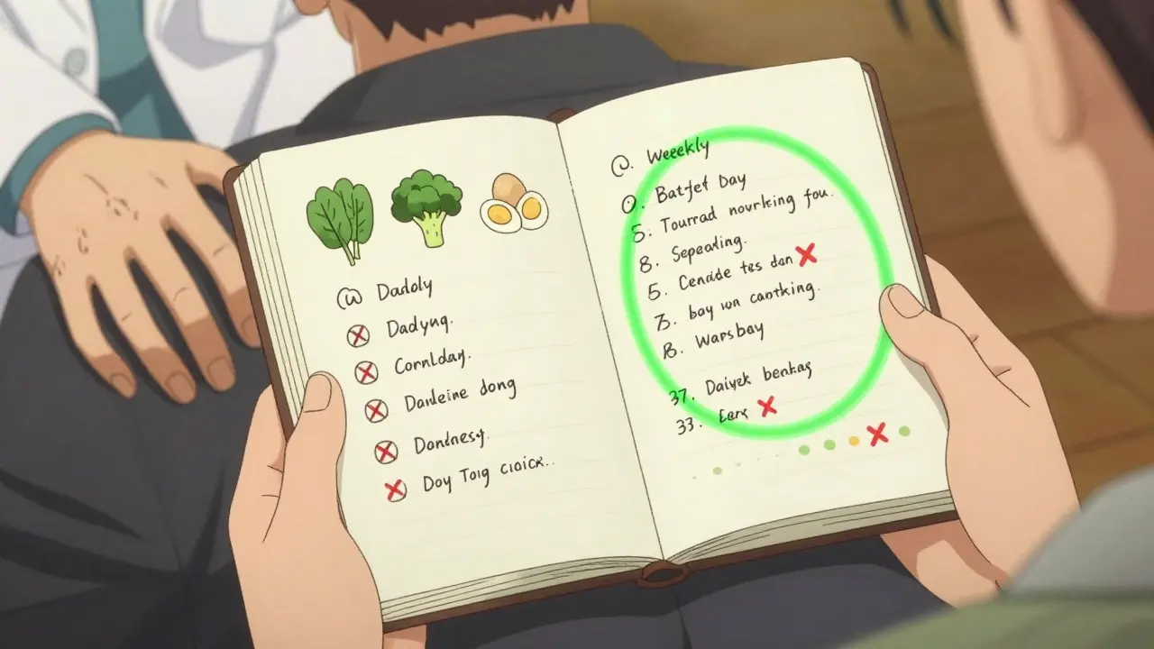 Person holding a food diary tracking daily vitamin K sources with consistent entries highlighted.