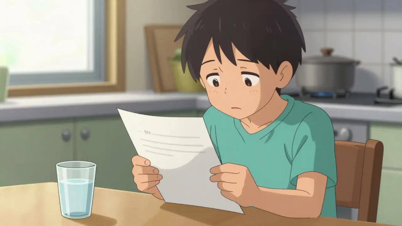 Person reviewing printed medication summary at kitchen table.