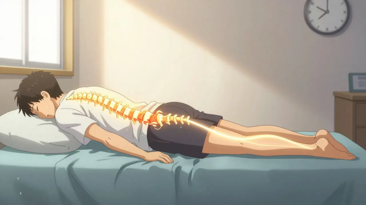 Someone performing a back extension exercise with a glowing nerve pathway releasing tension.