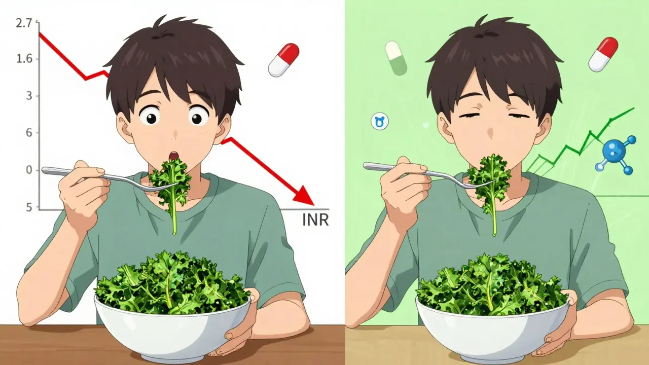 Split scene showing INR drop from kale vs. stable INR from consistent spinach intake.