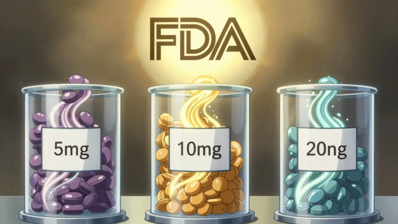 Three dosage batches of generic drug granules glowing under a protective FDA seal, showing consistent purity.