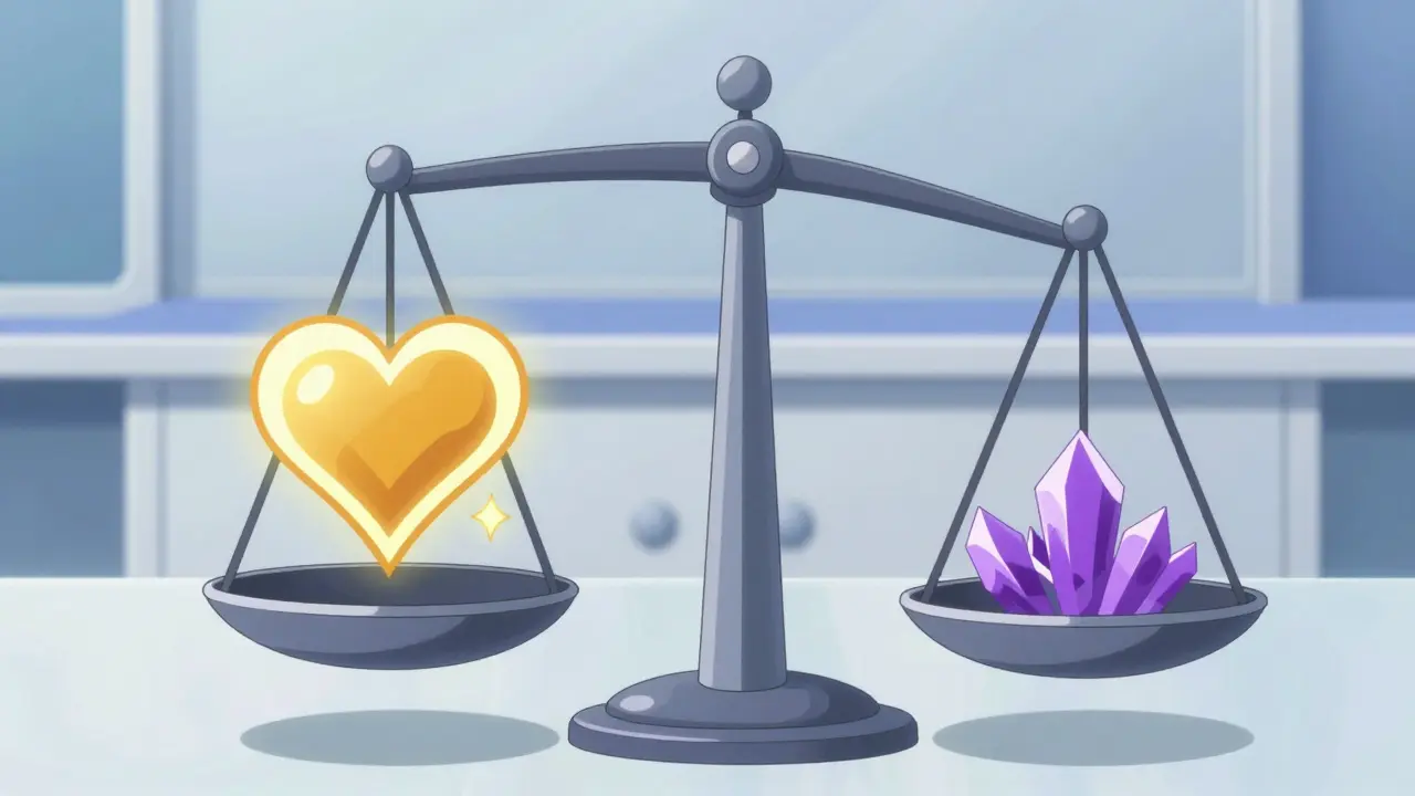 A conceptual scale weighing a golden heart benefit against purple risk shards in manga style.