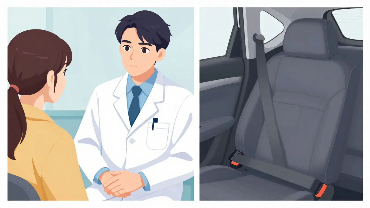A doctor consulting with a patient alongside a metaphor of a car seatbelt for safety.