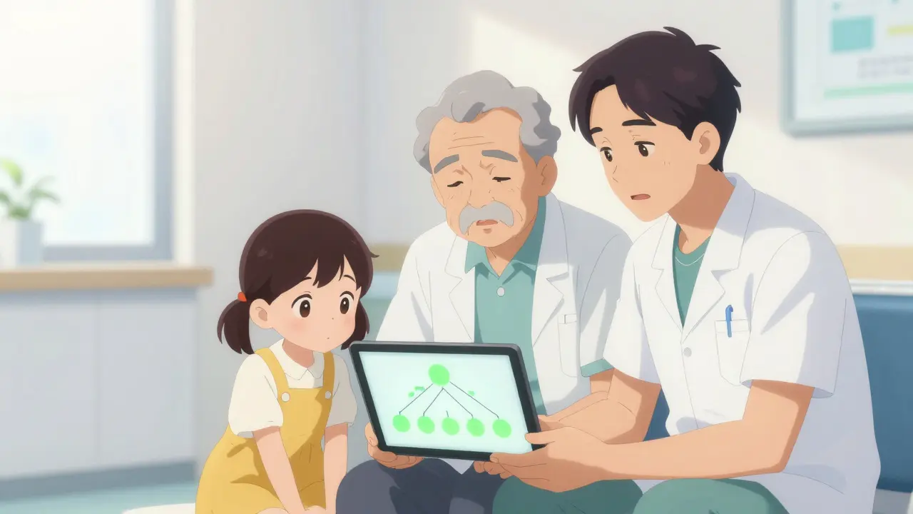 A family in a clinic reviewing a digital family tree for genetic screening results.