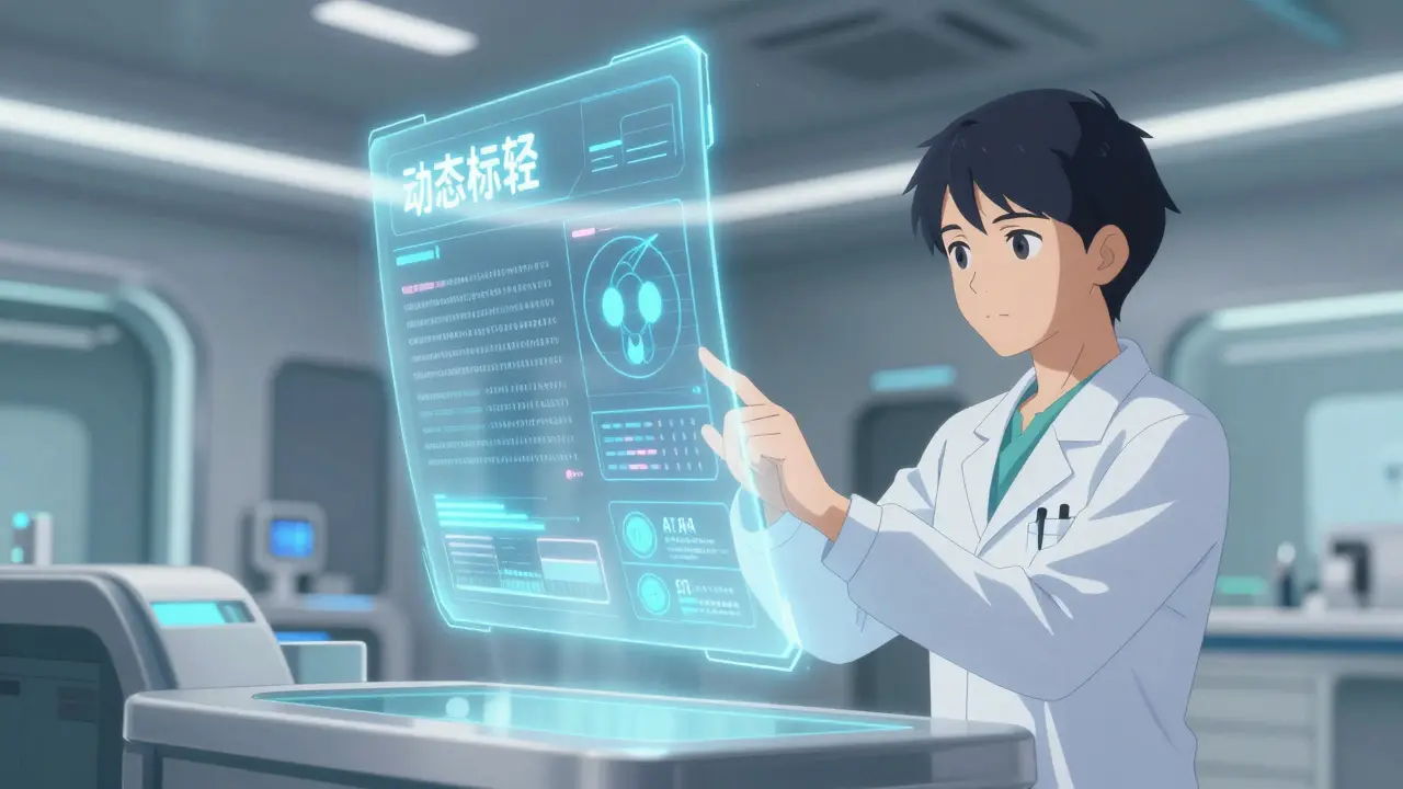 A futuristic holographic digital medication guide with AI safety signals in a clinic.