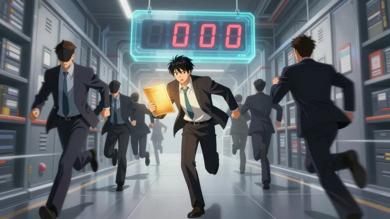 Anime characters racing in a futuristic corridor with a digital timer.
