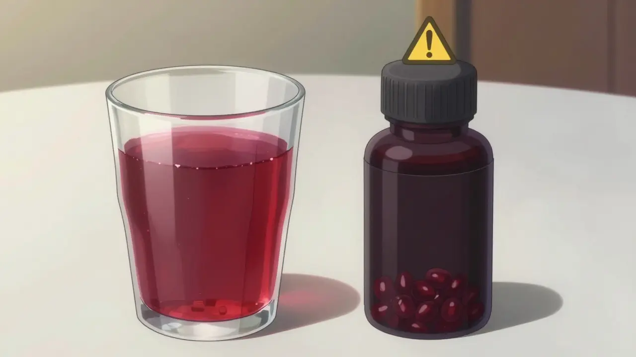 Anime illustration contrasting a glass of pomegranate juice with concentrated extract capsules.
